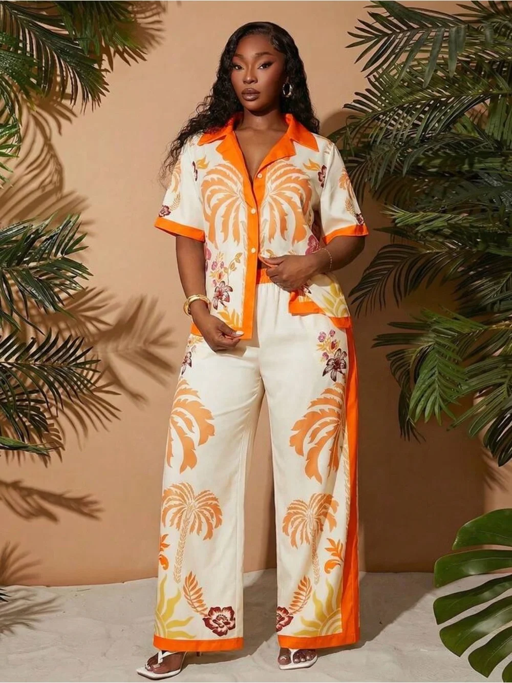 Women’s Orange Palm-Print Wide-Leg Jumpsuit Set